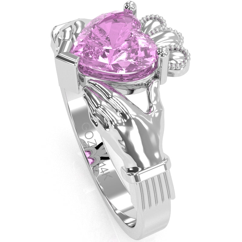 Claddagh Lab-Created Pink Sapphire Ring In Solid 14k White Gold