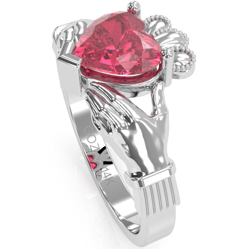Claddagh Pink Tourmaline Ring In Solid 14k White Gold