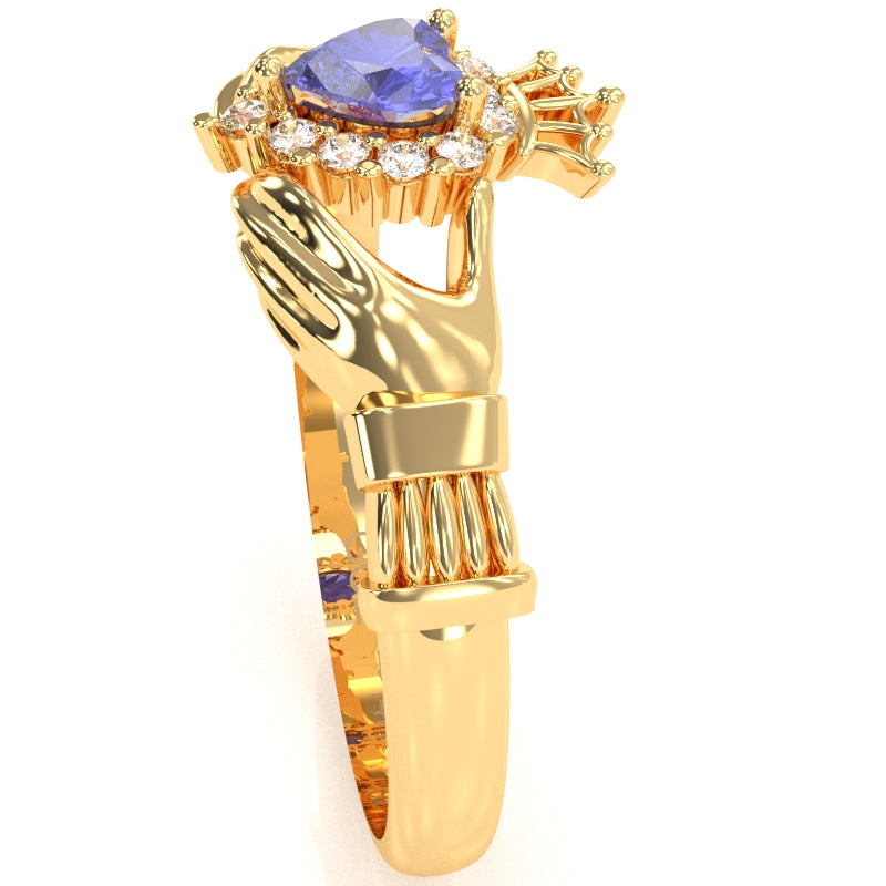 Claddagh Tanzanite Diamond Ring In Solid 14k Yellow Gold