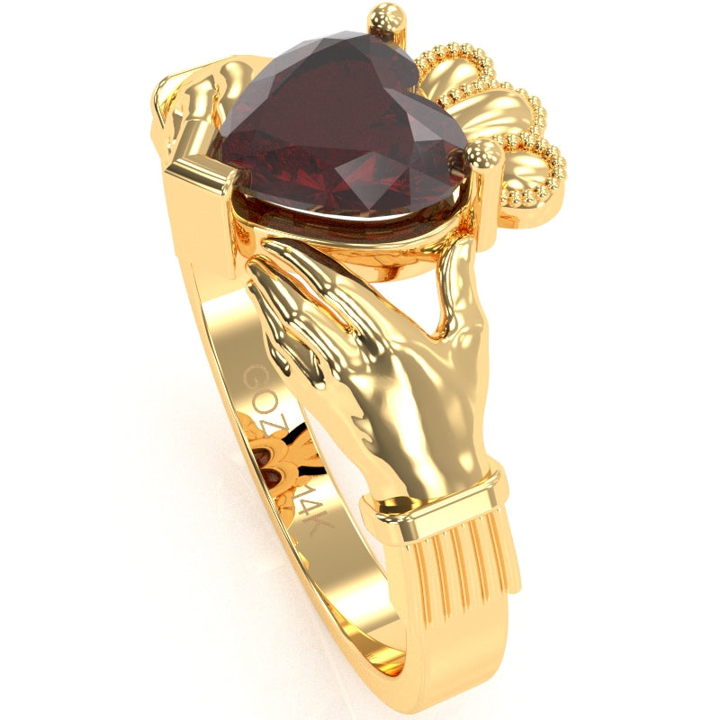 Claddagh Garnet Ring In Solid 14k Yellow Gold