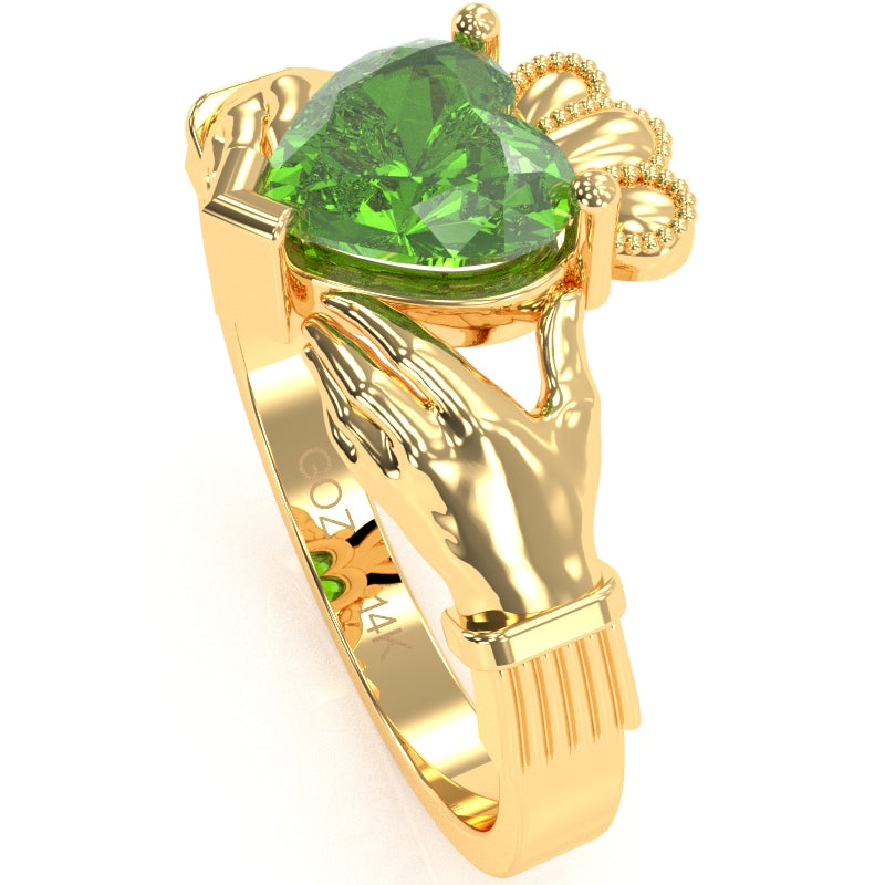 Claddagh Peridot Ring In Solid 14k Yellow Gold