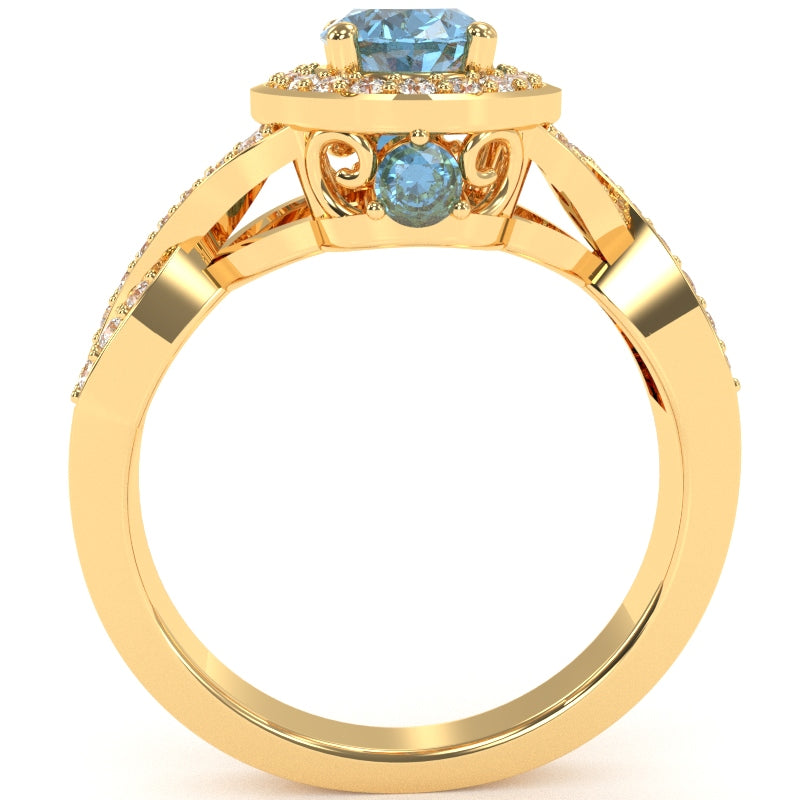Three Stone Blue Topaz Diamond Peekaboo Halo Engagement Ring In 14k Yellow Gold