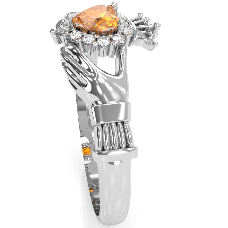 Claddagh Citrine Diamond Ring In Solid 14k White Gold