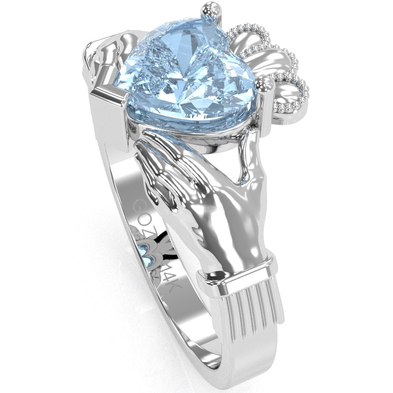 Claddagh Aquamarine Ring In Solid 14k White Gold