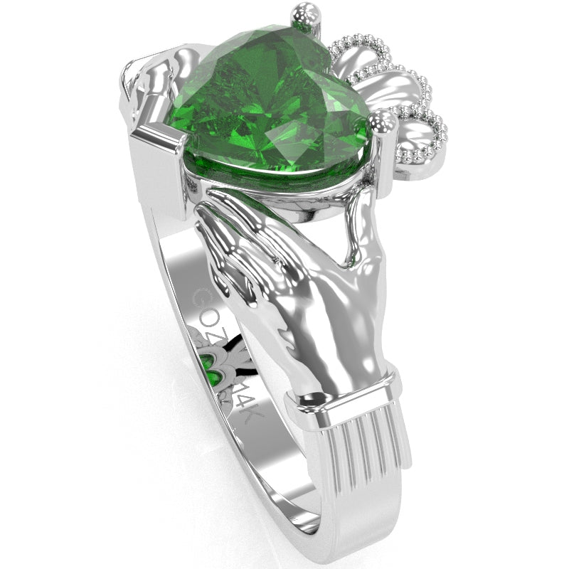 Claddagh Lab-Created Emerald Ring In Solid 14k White Gold