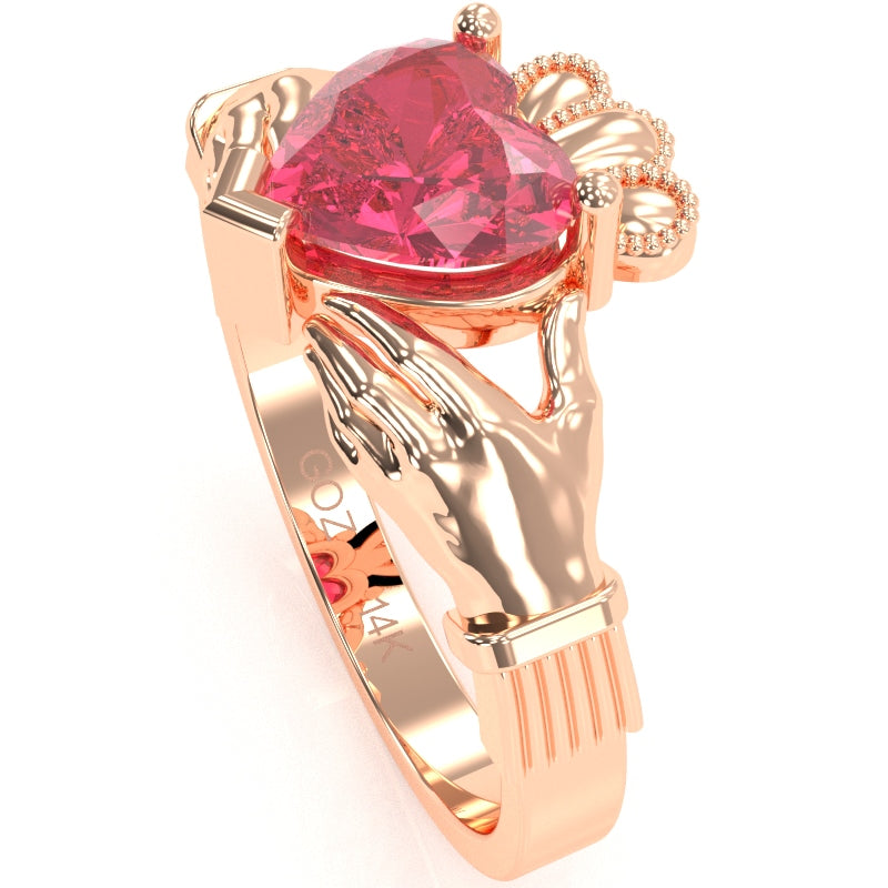 Claddagh Pink Tourmaline Ring In Solid 14k Rose Gold