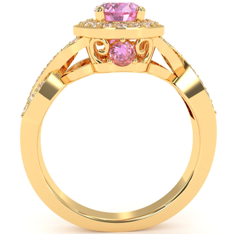 Three Stone Lab-Created Pink Sapphire Diamond Peekaboo Halo Engagement Ring In 14k Yellow Gold
