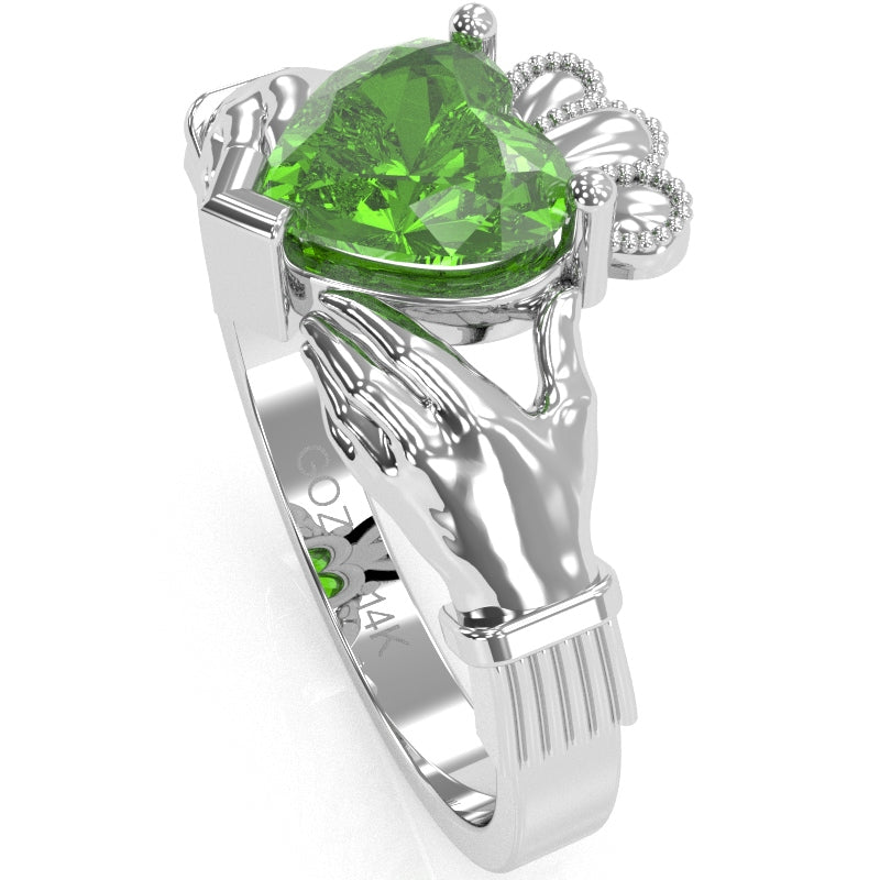 Claddagh Peridot Ring In Solid 14k White Gold