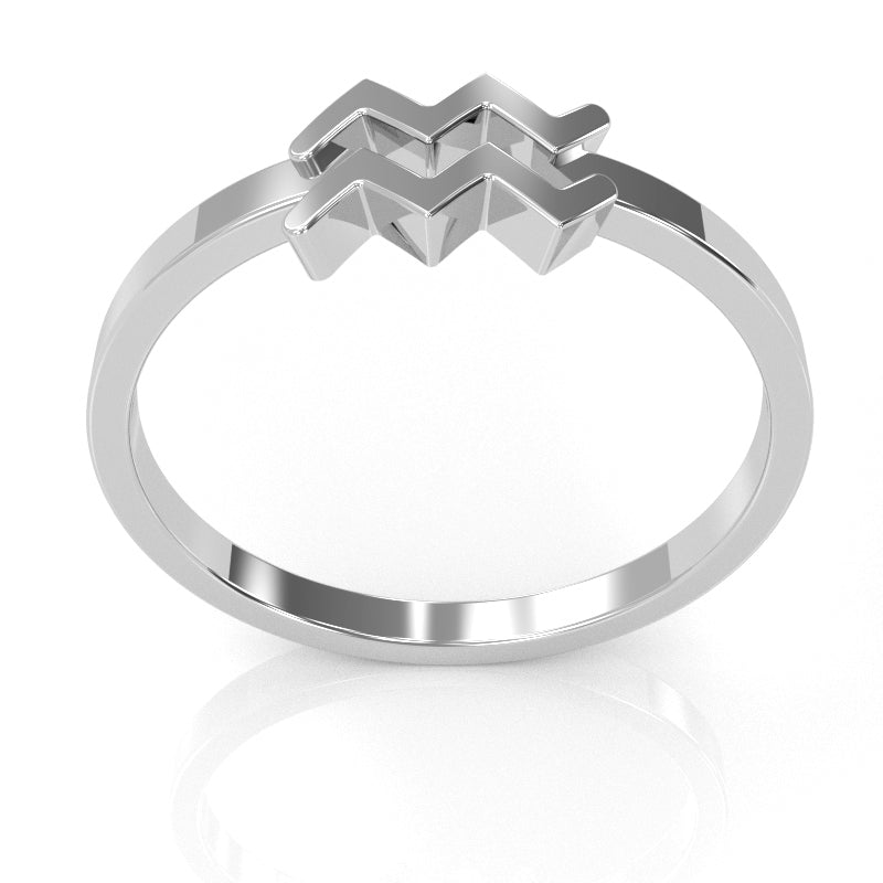 Aquarius Zodiac Sign Ring In Solid 14k White Gold