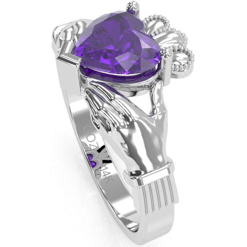 Claddagh Amethyst Ring In Solid 14k White Gold