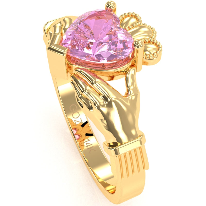 Claddagh Lab-Created Pink Sapphire Ring In Solid 14k Yellow Gold