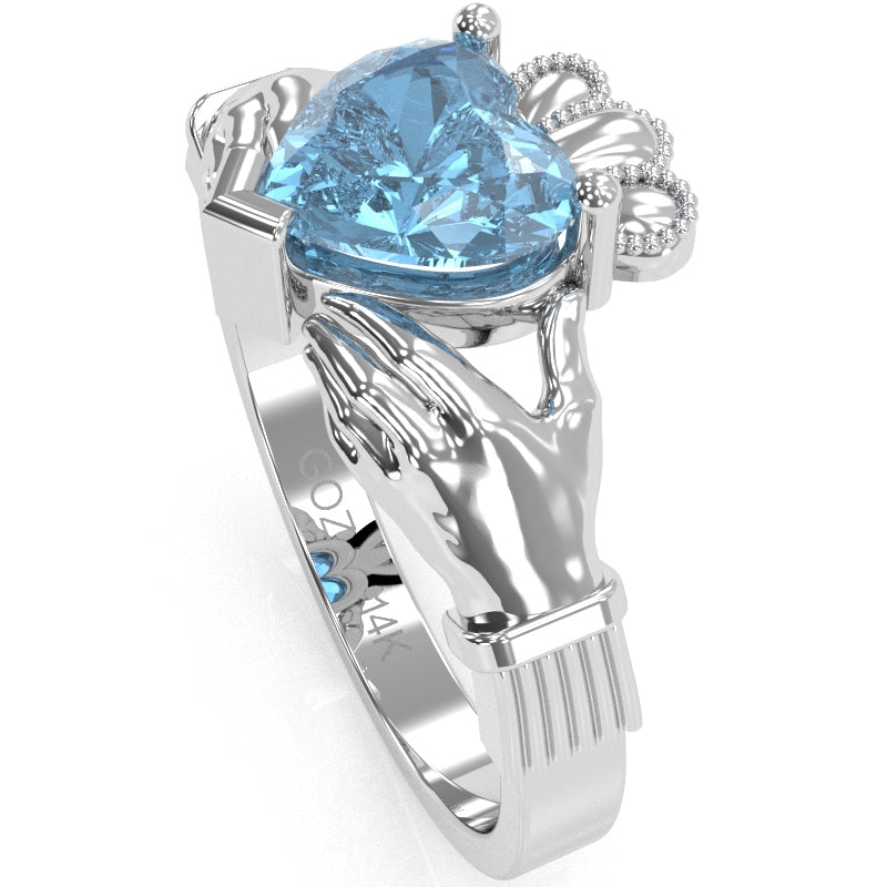 Claddagh Blue Topaz Ring In Solid 14k White Gold