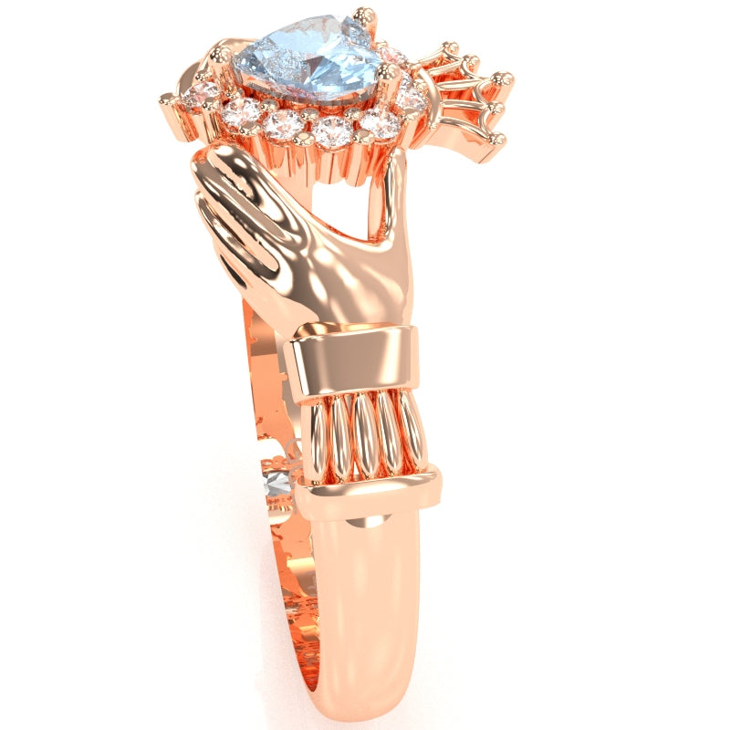 Claddagh Aquamarine Diamond Ring In Solid 14k Rose Gold