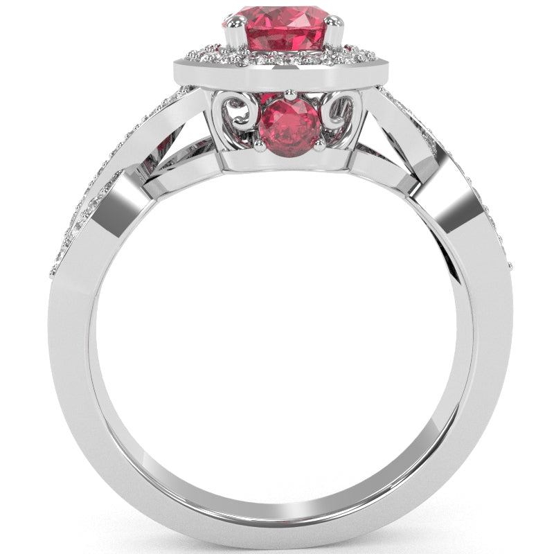 Three Stone Pink Tourmaline Diamond Peekaboo Halo Engagement Ring In 14k White Gold