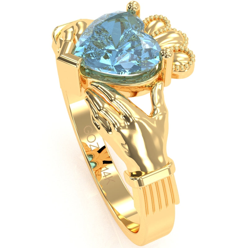 Claddagh Blue Topaz Ring In Solid 14k Yellow Gold