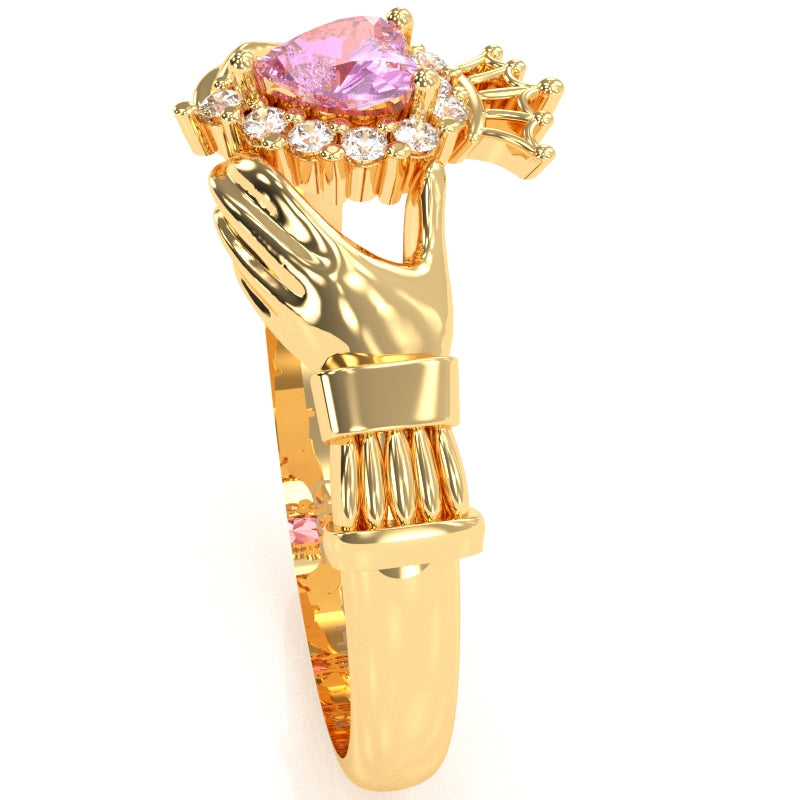 Claddagh Lab-Created Pink Sapphire Diamond Ring In Solid 14k Yellow Gold