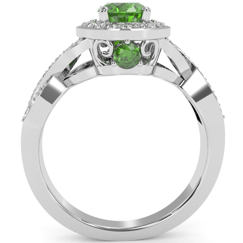 Three Stone Peridot Diamond Peekaboo Halo Engagement Ring In 14k White Gold