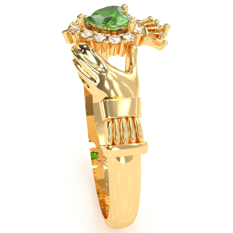 Claddagh Lab-Created Emerald Diamond Ring In Solid 14k Yellow Gold