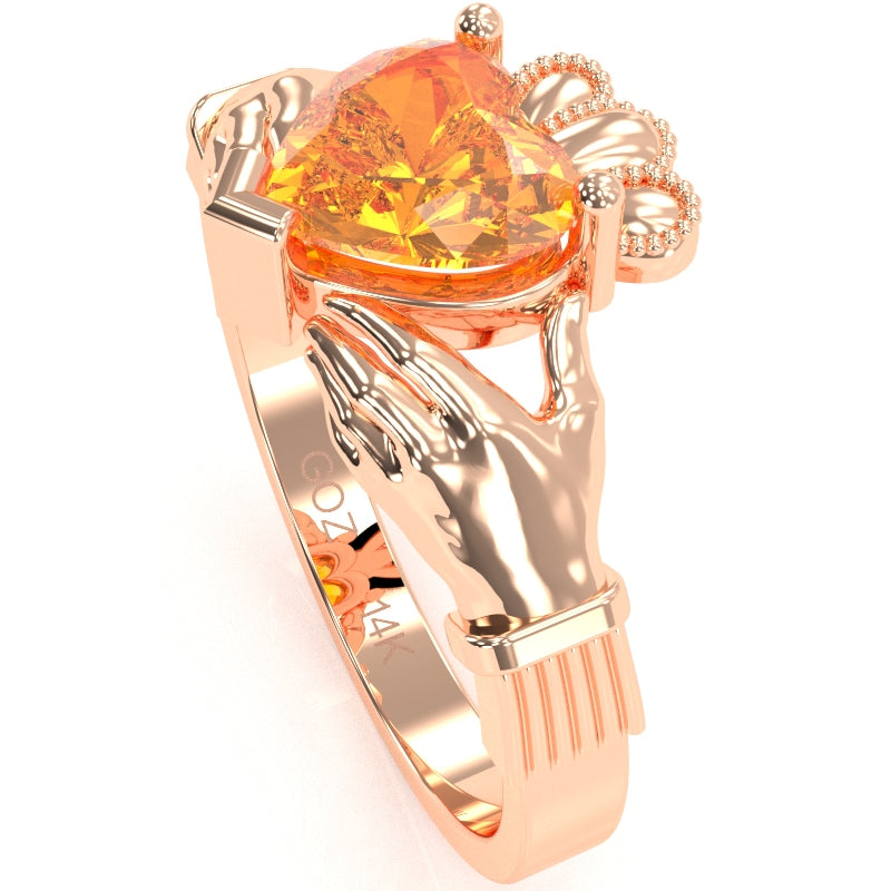Claddagh Citrine Ring In Solid 14k Rose Gold