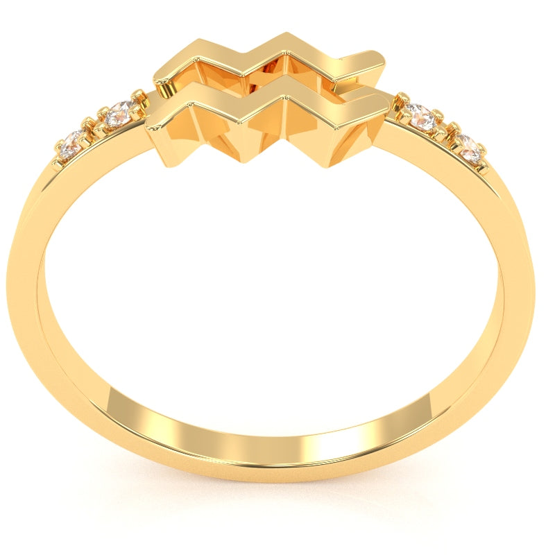 Aquarius Zodiac Sign Diamond Ring In Solid 14k Yellow Gold