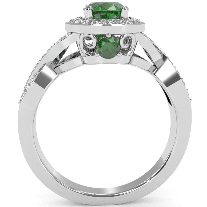 Three Stone Lab-Created Emerald Diamond Peekaboo Halo Engagement Ring In 14k White Gold