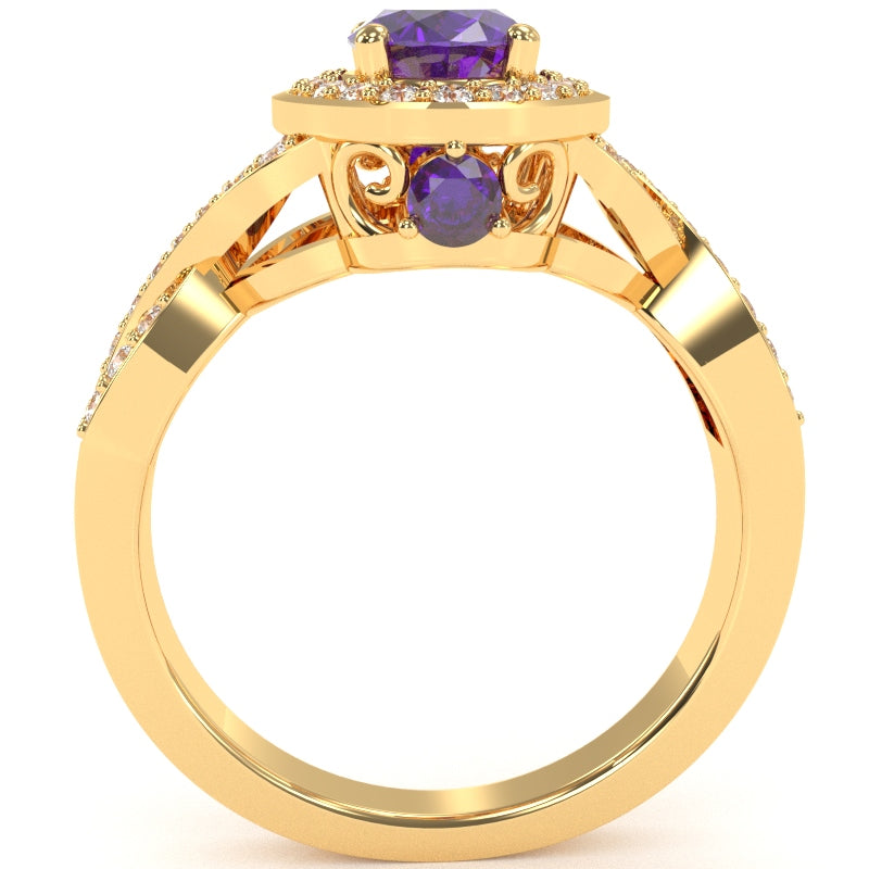 Three Stone Amethyst Diamond Peekaboo Halo Engagement Ring In 14k Yellow Gold