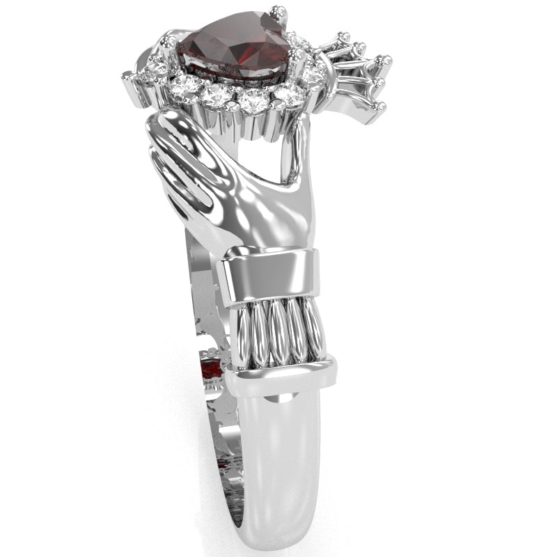 Claddagh Garnet Diamond Ring In Solid 14k White Gold