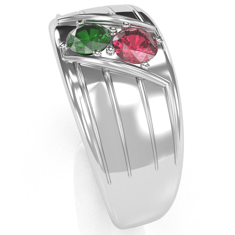 Men's Two Gemstone Birthstone Designer Ring In 14k White Gold