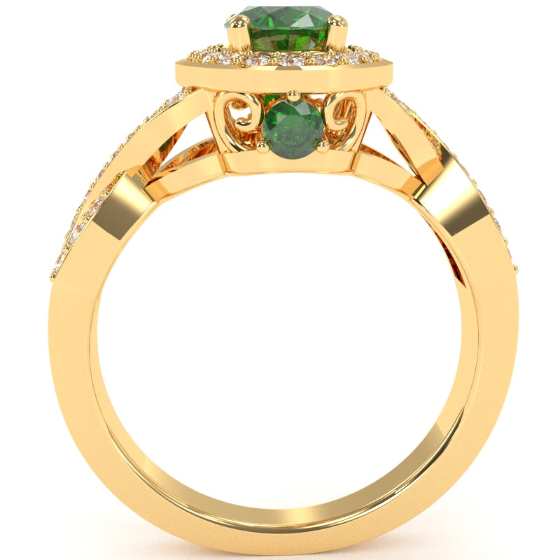Three Stone Lab-Created Emerald Diamond Peekaboo Halo Engagement Ring In 14k Yellow Gold