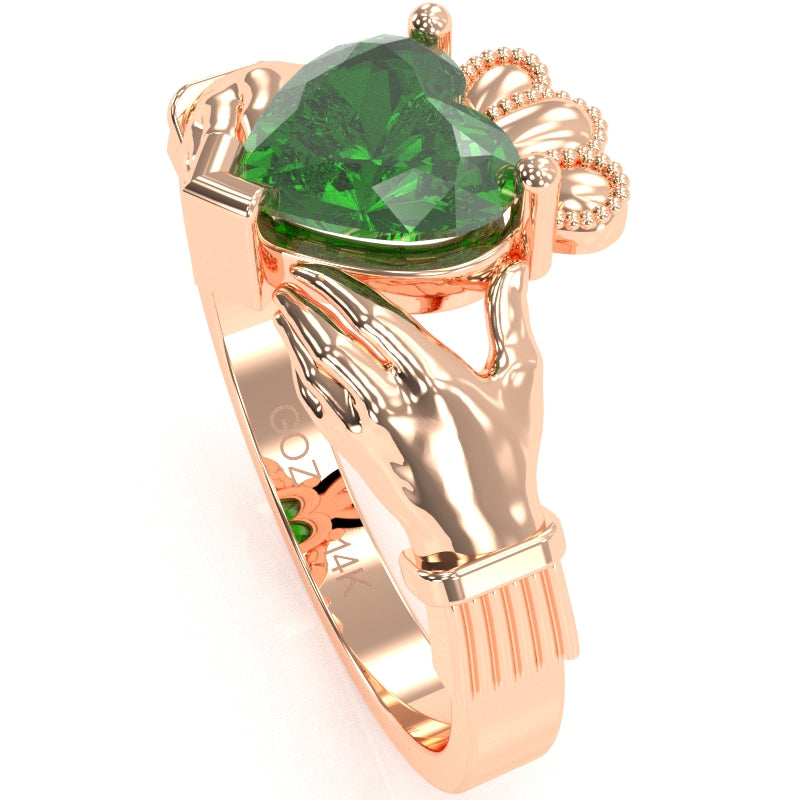 Claddagh Lab-Created Emerald Ring In Solid 14k Rose Gold