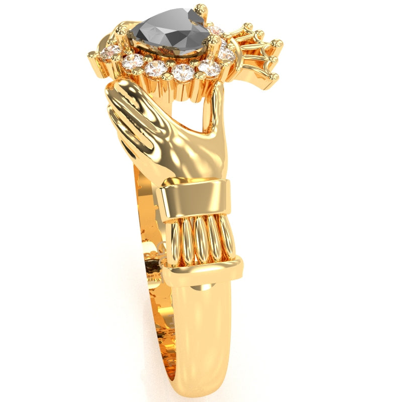 Claddagh Black Onyx Diamond Ring In Solid 14k Yellow Gold