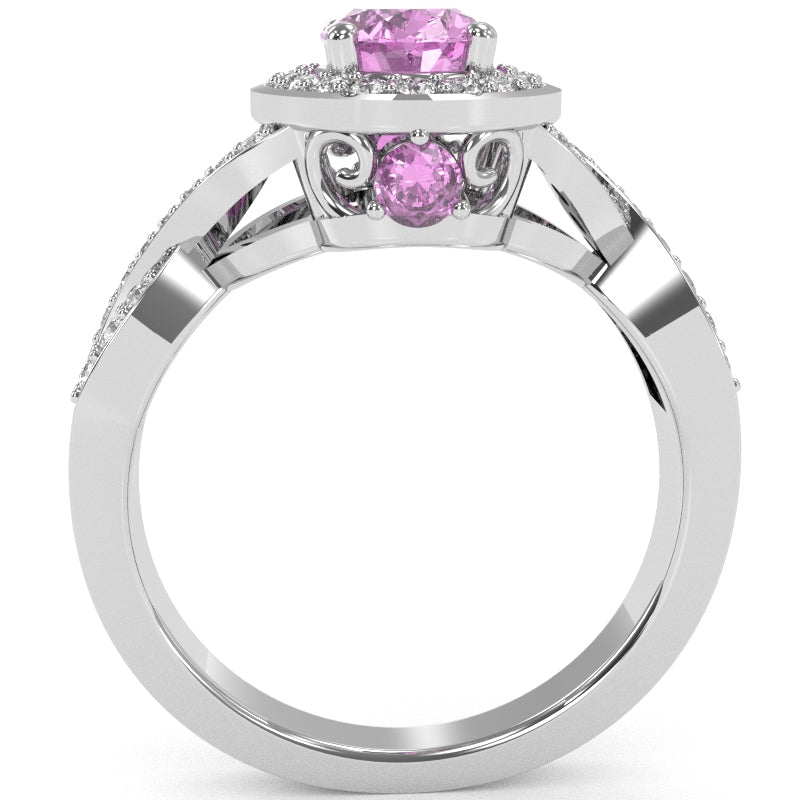 Three Stone Lab-Created Pink Sapphire Diamond Peekaboo Halo Engagement Ring In 14k White Gold