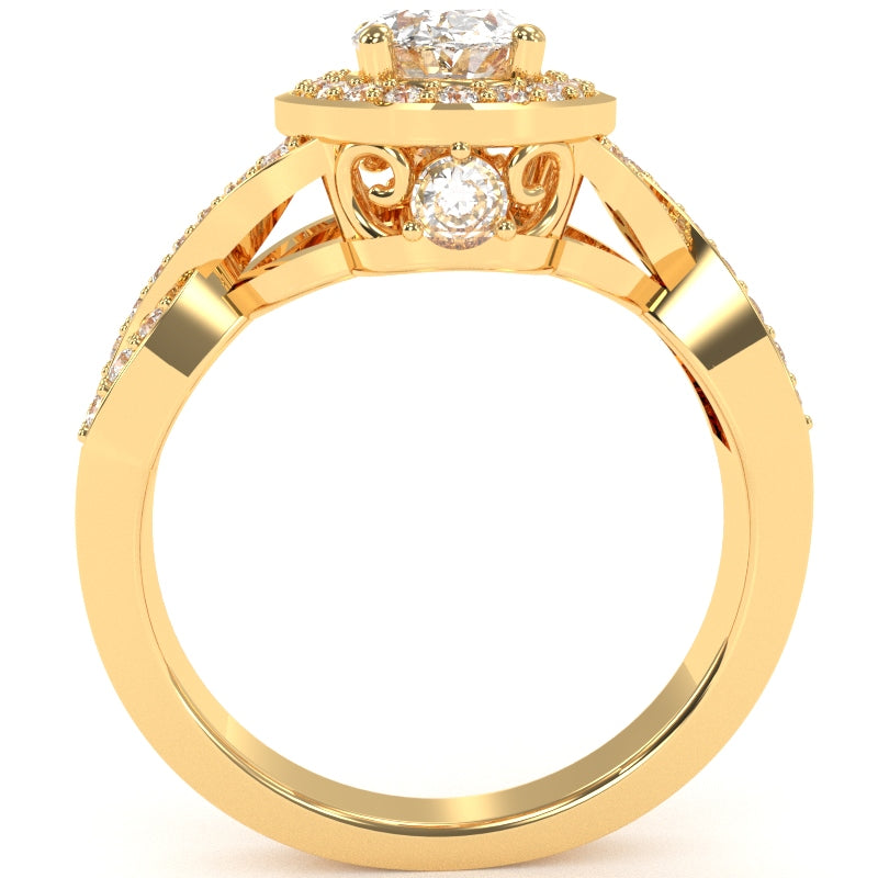 Three Stone White Topaz Diamond Peekaboo Halo Engagement Ring In 14k Yellow Gold