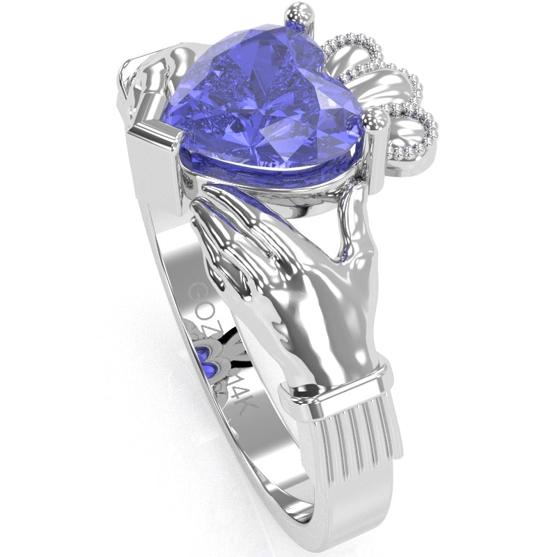 Claddagh Tanzanite Ring In Solid 14k White Gold