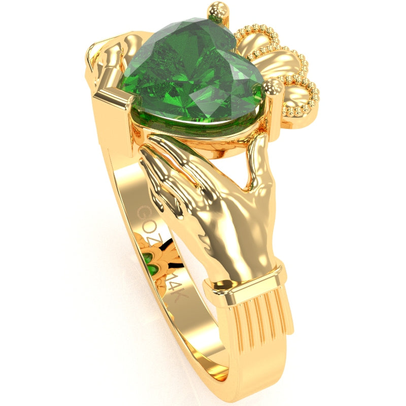 Claddagh Lab-Created Emerald Ring In Solid 14k Yellow Gold