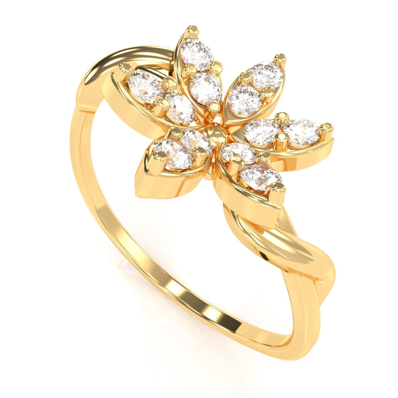 Twisted Vine Diamond Encrusted Flower Ring In 14k Yellow Gold