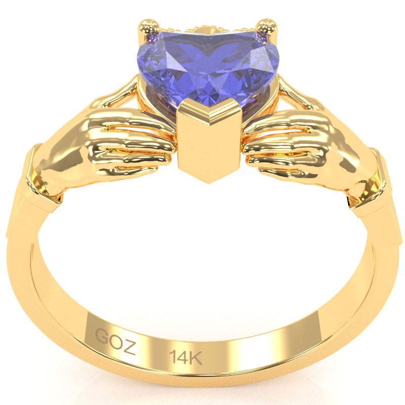 Claddagh Tanzanite Ring In Solid 14k Yellow Gold