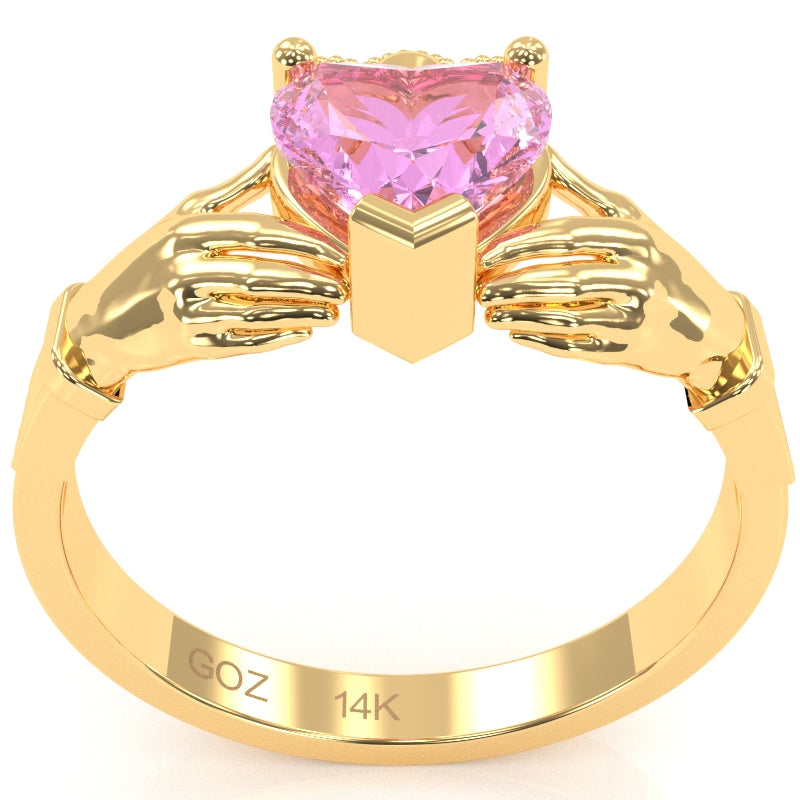 Claddagh Lab-Created Pink Sapphire Ring In Solid 14k Yellow Gold