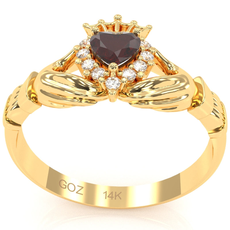 Claddagh Garnet Diamond Ring In Solid 14k Yellow Gold