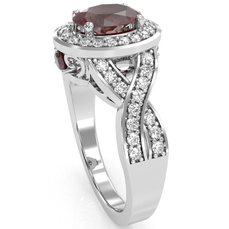 Three Stone Lab-Created Ruby Diamond Peekaboo Halo Engagement Ring In 14k White Gold