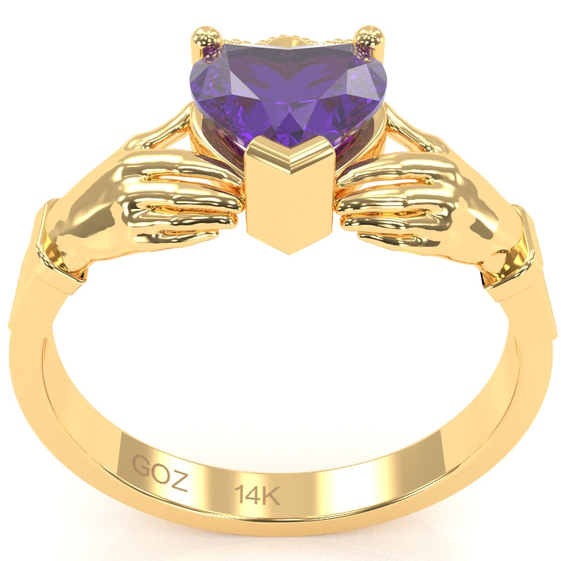 Claddagh Amethyst Ring In Solid 14k Yellow Gold