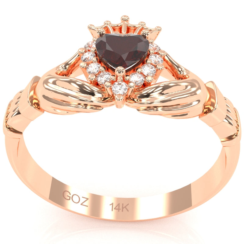 Claddagh Garnet Diamond Ring In Solid 14k Rose Gold