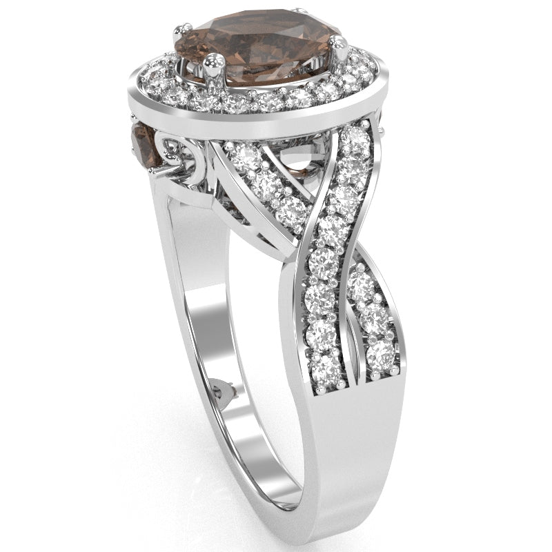 Three Stone Smoky Quartz Diamond Peekaboo Halo Engagement Ring In 14k White Gold