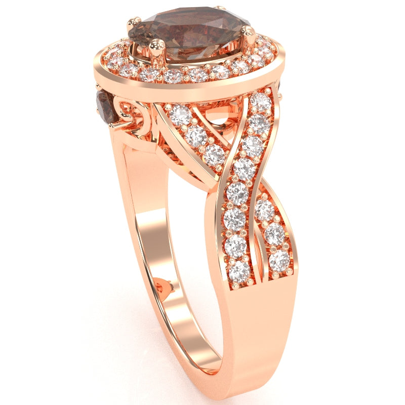 Three Stone Smoky Quartz Diamond Peekaboo Halo Engagement Ring In 14k Rose Gold