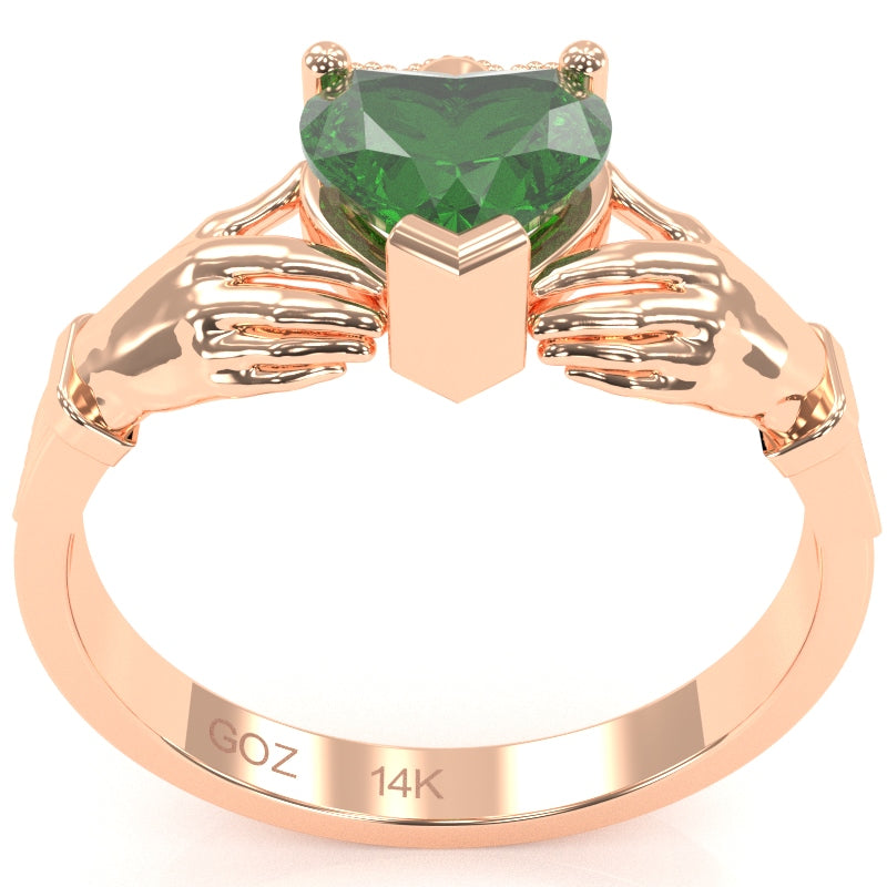 Claddagh Lab-Created Emerald Ring In Solid 14k Rose Gold