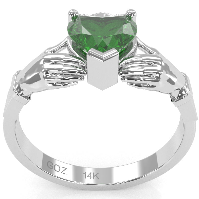 Claddagh Lab-Created Emerald Ring In Solid 14k White Gold