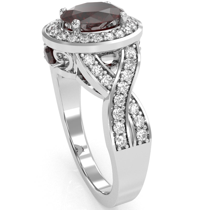 Three Stone Garnet Diamond Peekaboo Halo Engagement Ring In 14k White Gold