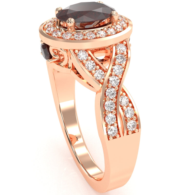 Three Stone Garnet Diamond Peekaboo Halo Engagement Ring In 14k Rose Gold