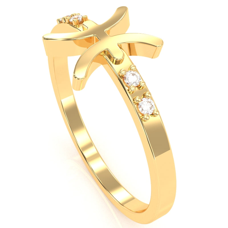 Pisces Zodiac Sign Diamond Ring In Solid 14k Yellow Gold