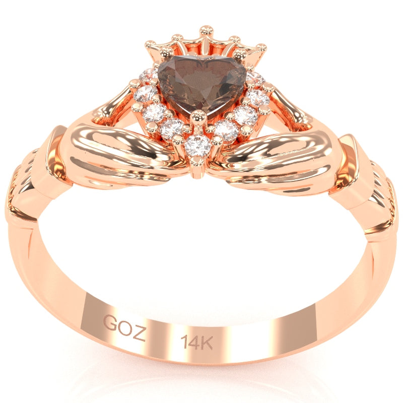 Claddagh Smoky Quartz Diamond Ring In Solid 14k Rose Gold